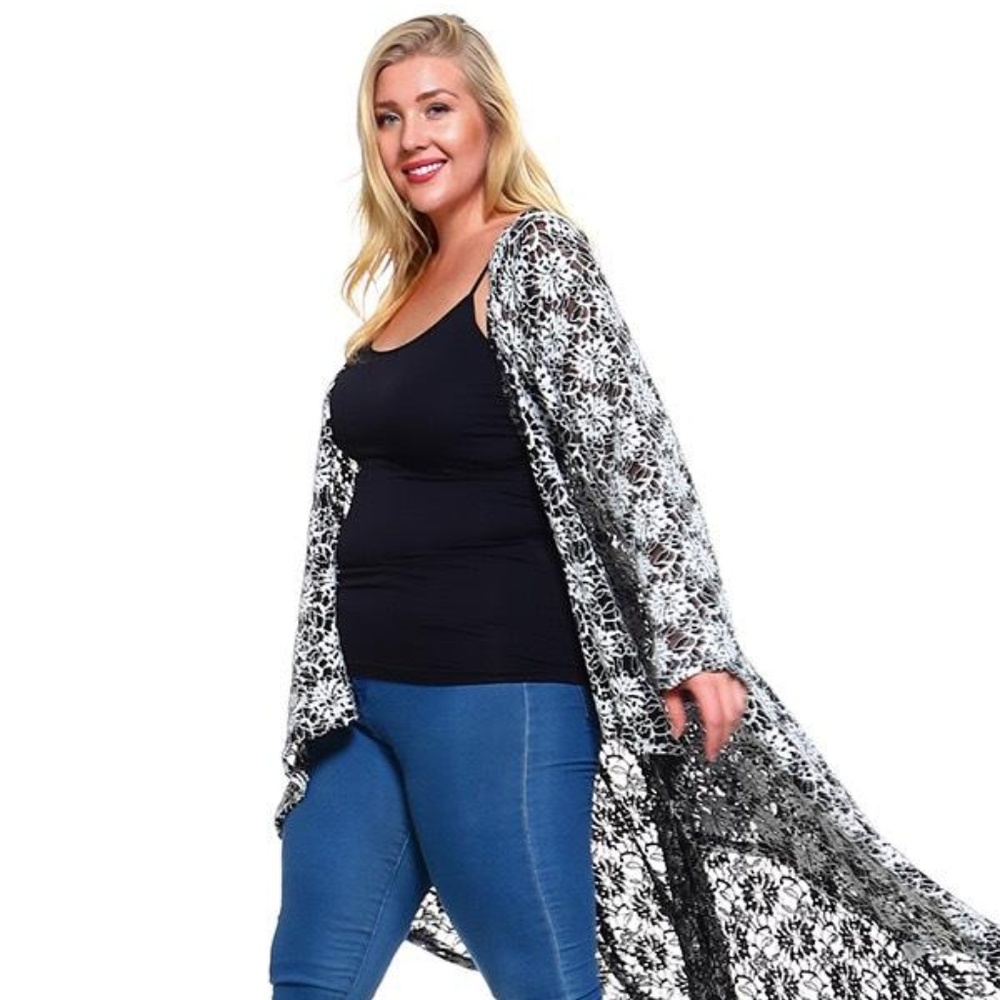 Yummy Plus Long Open Cardigan Wht Blk Plus 1X & 3X - Picture 2 of 3